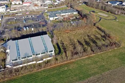 Auf der Grünfläche neben der Wonnegauhalle soll die neue Grundschule entstehen. In der Bildmitte oben ist die Kita „Arche Noah“ zu erkennen.