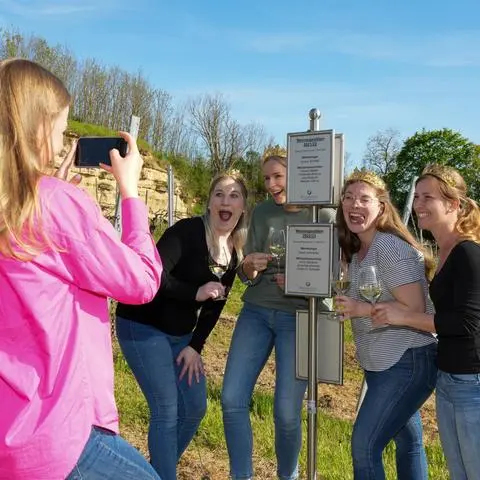 Bei der Pflanzaktion im Majestäten-Weinberg in Alzey-Weinheim zeigen sich die aktuellen Weinhoheiten Chiara Désirée Schaefer (v.l.) aus Ingelheim, Anna Nierstheimer aus Nack, Anna Glöckner aus Freimersheim und die Rheinhessische Weinkönigin Sarah Schneider aus Welgesheim bestens gelaunt.