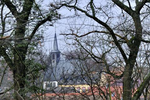 Romantischer Blick durch die winterkahlen Waldbäume auf die evangelische Kirche von Nieder-Hilbersheim. 40 neue Bauplätze sollen in der Gemeinde entstehen. Archivfoto: Thomas Schmidt