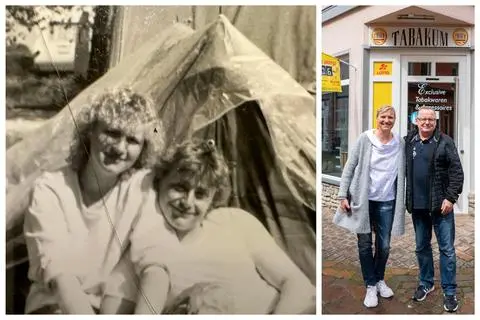 Britt und Mike Griesfeller: Links bei einem Ausflug in der Nähe des Kyffhäusergebirges in der ehemaligen DDR 1988 und rechts heute vor ihrem Tabakladen „Tabakum“ in der Rodergasse in Idstein. Besonderheit des Geschäfts: ein begehbarer Humidor für exklusive Zigarren. Patricia Bastian-Geib