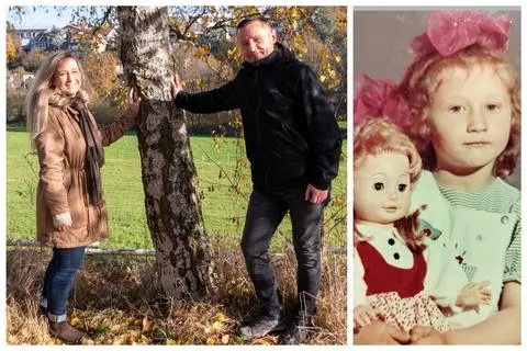 Zwischen diesen beiden Fotos liegen über 30 Jahre. Olga und Igor Dell bei ihrem sonntäglichen Spaziergang und Olga mit ihrer Lieblingspuppe noch in Kasachstan. Beide haben sich nach anfänglichen Schwierigkeiten in ihrer neuen Heimat gut integriert. Foto: Klaus Peter Geib