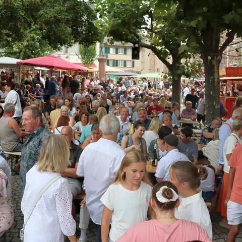 Volle Bänke unter Platanen prägen fünf Tage lang das Rüdesheimer Weinfest 2024.