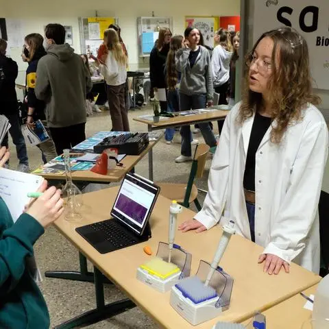 Bei der Praktikumsmesse in Taunusstein am Stand des Unternehmens „Sanofi“, das weltweit Menschen mit Medikamenten versorgt, stellen die Mitschüler einige Fragen. Aktuell sind viele Betriebe auf der Suche nach Praktikanten.