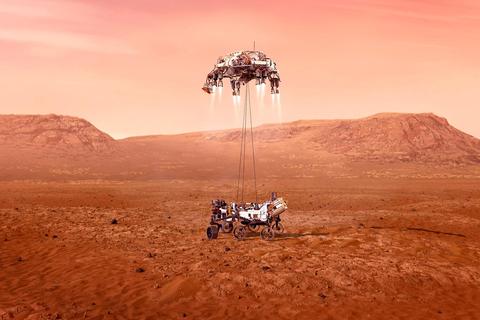 Touchdown: "Perseverance" landet erfolgreich auf dem Mars.  Computeranimation: Nasa/JPL-Caltech 