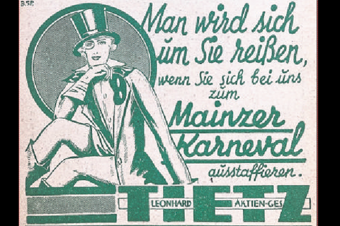 In den 20er Jahren warb das Kaufhaus Leonhard Tietz mit schön gestalteten Anzeigen gern in Fastnachtsprogrammen und Liederheften. 
