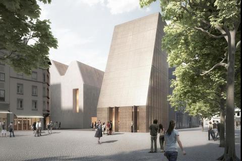 Der 22 Meter hohe keilförmige Bücherturm hat den ersten Preis beim Architektenwettbewerb für das Gutenberg-Museum gewonnen. Archivfoto: Stadt Mainz 