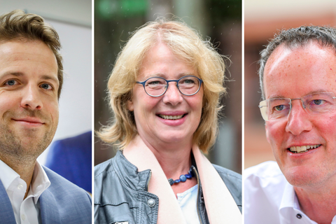 Die drei OB-Kandidaten Nino Haase (l., parteilos), Tabea Rößner (Grüne) und Michael Ebling (SPD). Fotos: Sascha Kopp (2), Harald Kaster