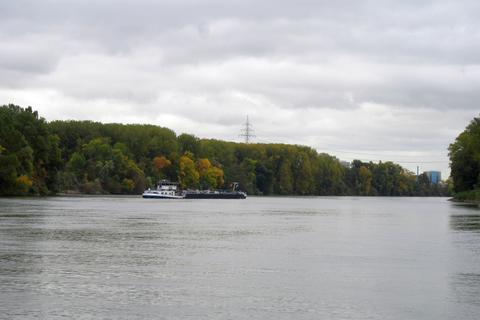 Das festgefahrene Schiff auf dem Rhein bei Mainz. Foto: Polizei