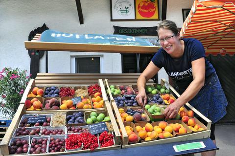 Kirsten Werner bietet in ihrem Hofladen in Heidesheim nicht nur Obst an. Es gibt auch Brot, Kartoffeln, Käse, Joghurt und Leckereien aus der „Eistonne“. Foto: Thomas Schmidt