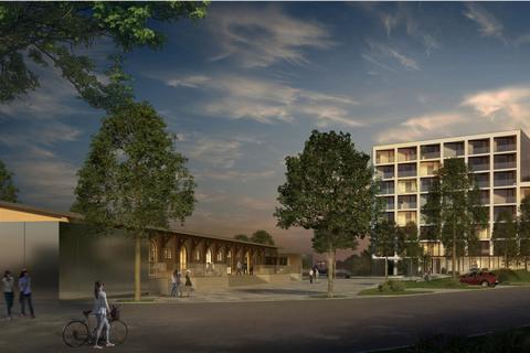 Links der alte Güterbahnhof, rechts ein Hotel: Die Pläne der Bad Sodener Immobilienfirma W&L AG für das Dreieck zwischen Hochkreisel und Bahnübergang in Kastel sorgen für Aufregung. Visualisierung: W&L AG © 