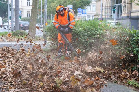 Wiesbadener Stadtreinigung bei der Beseitigung vom Herbstlaub.  Foto: René Vigneron