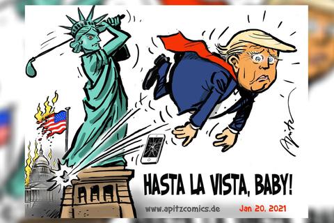Diese Trump-Karikatur hat Michael Apitz am Tag von Joe Bidens Amtseinführung auf seiner Facebookseite gepostet. In wenigen Stunden wurde sie mehrfach geteilt – und dann plötzlich von Facebook gelöscht. Für den Künstler wirft das viele Fragen auf.                  Karikatur: Michael Apitz
