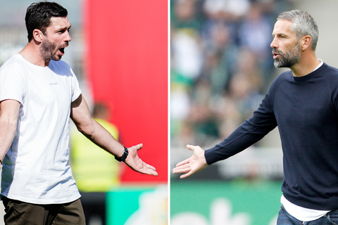 05-Trainer Sandro Schwarz (l.) und Gladbach-Trainer Marco Rose. Fotos: dpa