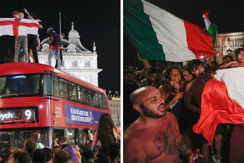 Englische Fans jubeln nach dem Finaleinzug mit der Nationalflagge, links in London auf einem Doppeldecker-Bus, recht in Rom.  Fotos: dpa, imago/Focus Images 